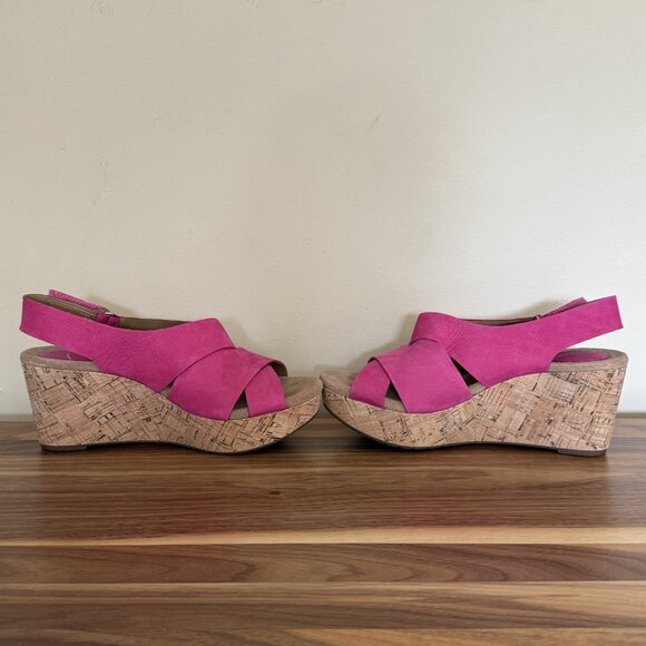 CLARKS Caslynn Diem Leather Slingback Wedge Sandal 8.5W Fuchsia nubuck pink EUC - Picture 4 of 15